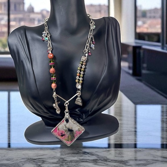 Artisan Jewelry - Handcrafted Silver & Glass Pendant with Unakite & Pink Jasper Silver Necklace